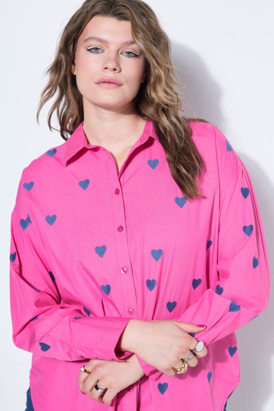 Chemisier oversize, petits cœurs brodés, manches longues et col chemise