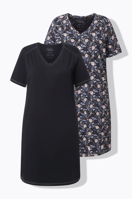 Lot de 2 chemises de nuit, feuilles/uni, décolleté en V et manches courtes