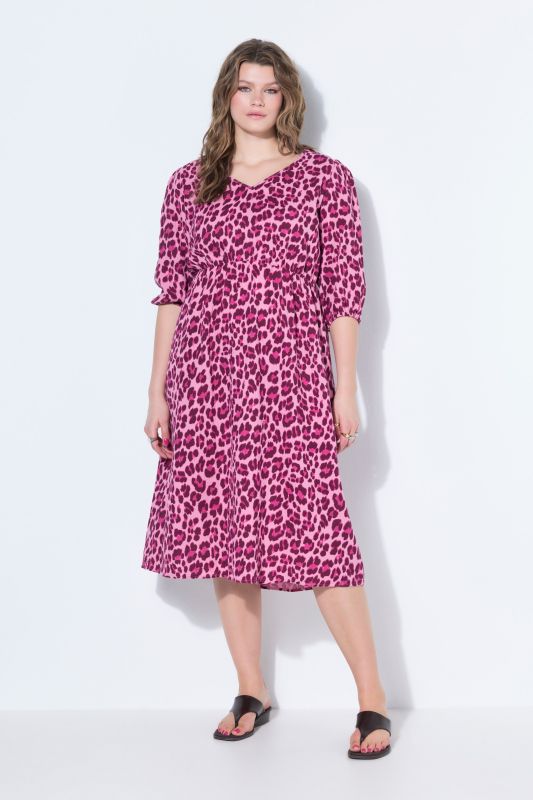 Robe midi, imprimé léopard coloré, manches bouffantes et coupe évasée