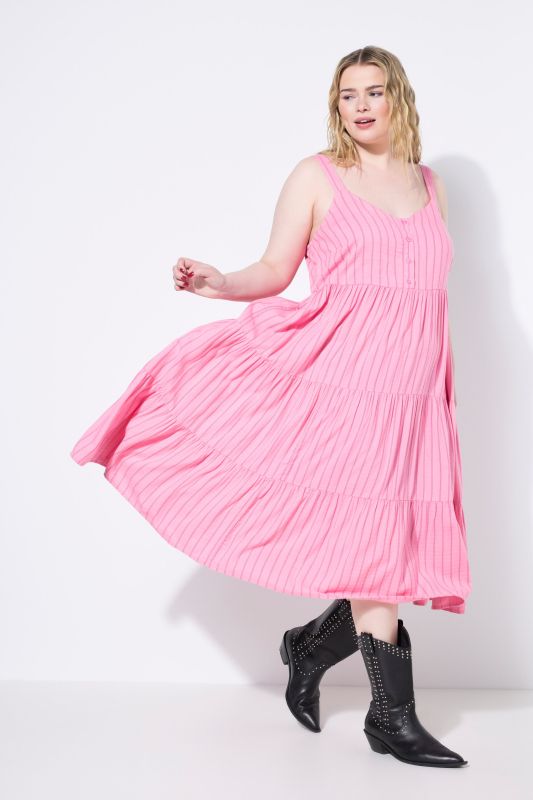 Robe midi à volants, lin mélangé à rayures, coupe évasée