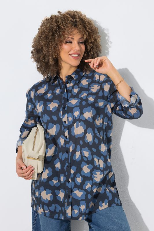 Chemisier motif léopard, coupe évasée, manches longues et col chemise