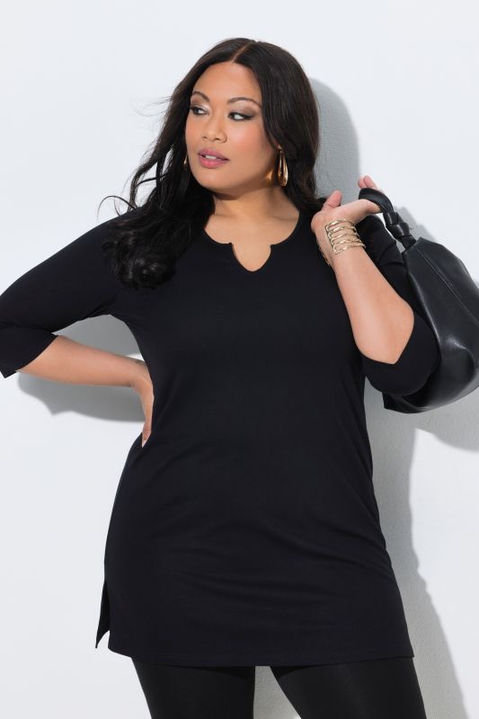 T-shirt long, coupe évasée, col tunisien et manches 3/4