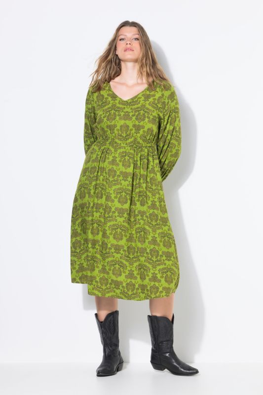 Robe midi, coupe évasée. Ruban élastique, motif cachemire