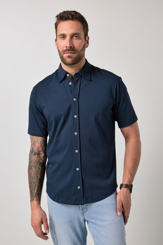 Chemise en jersey JP 1880 imprimé all-over, manches courtes et col à pointes boutonnées sous patte, coupe Modern Fit - jusqu'au 8 XL