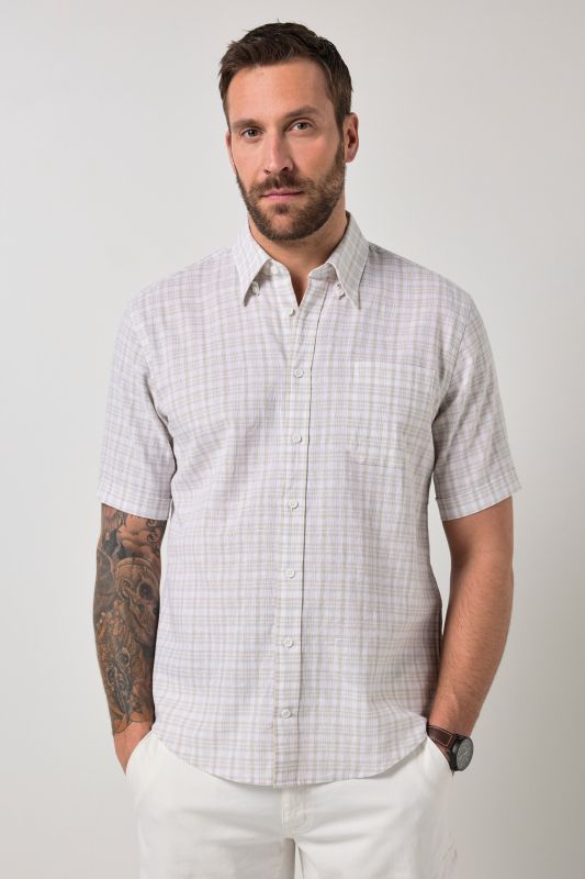 Chemise à carreaux JP 1880 en lin mélangé, manches courtes et col à pointes boutonnée, coupe Modern Fit - jusqu'au 8 XL