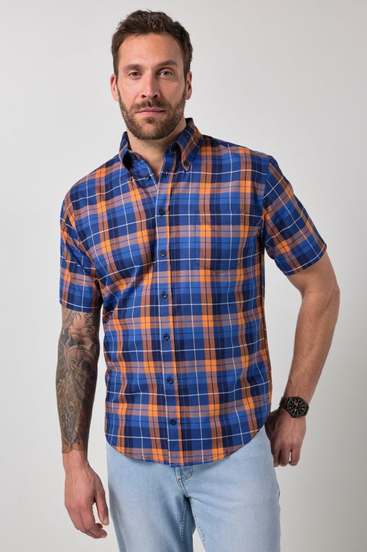 Chemise à carreaux JP 1880, manches courtes et col à pointes boutonnées, coupe Modern Fit - jusqu'au 8 XL