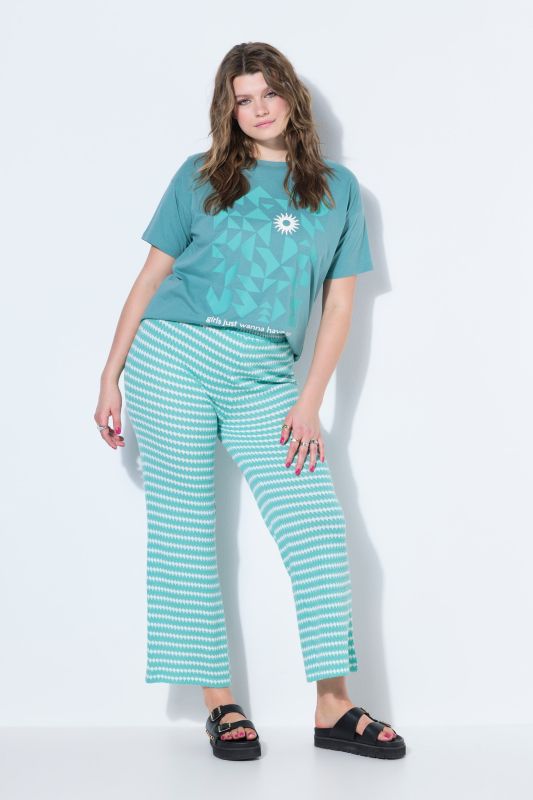 Pantalon jambes larges, texture et rayures, taille élastique