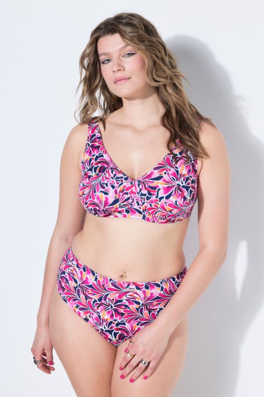 Haut de bikini, bonnets souples, fleurs. Col en V