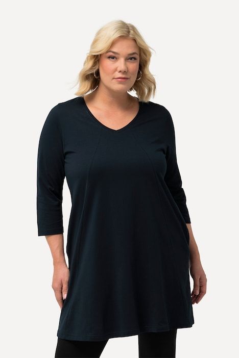 T-shirt long, décolleté en V et manches 3/4, coutures fantaisie, coupe évasée