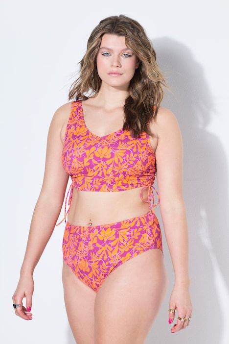 Haut de bikini, bonnets souples, fleurs néon, fronces latérales