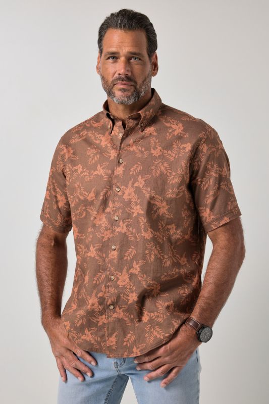 Chemise en lin mélangé, manches courtes et col à pointes boutonnées, coupe Modern Fit - jusqu'au 8 XL