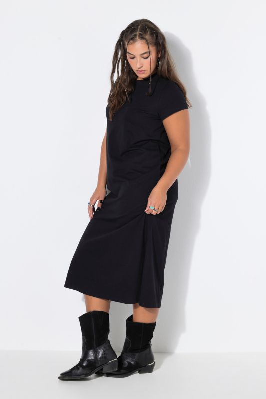 Robe midi, ligne A, jersey, col rond, manches courtes