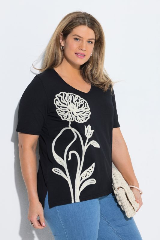 T-shirt long, broderie, manches courtes, coton bio