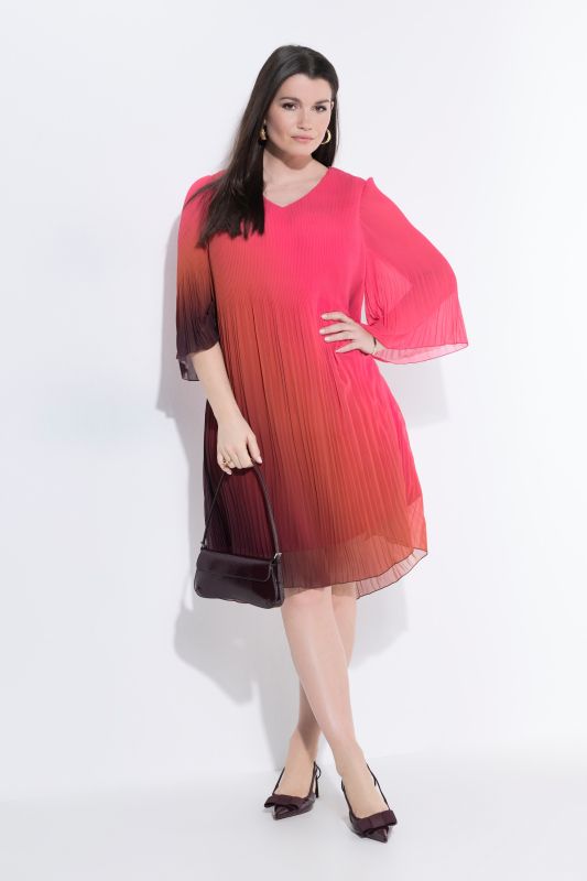 Robe plissée, dégradé, coupe A, col V, manches 3/4