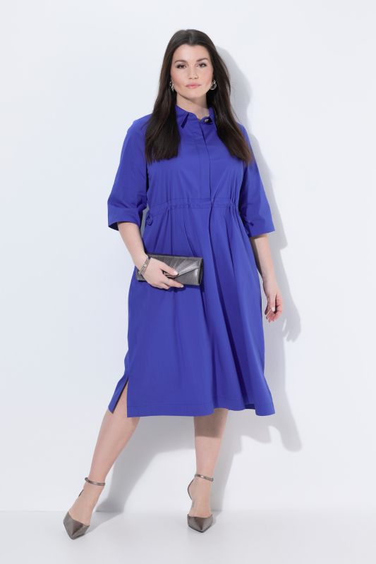 Robe midi, détails argentés, coupe A, col chemise, manches 3/4