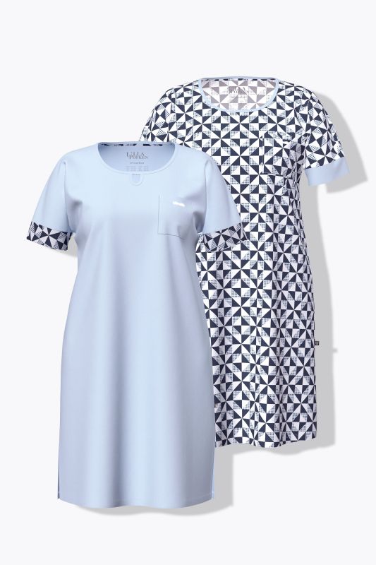 Lot de 2 chemises de nuit / T-shirts longs, motif à carreaux, décolleté rond et manches courtes