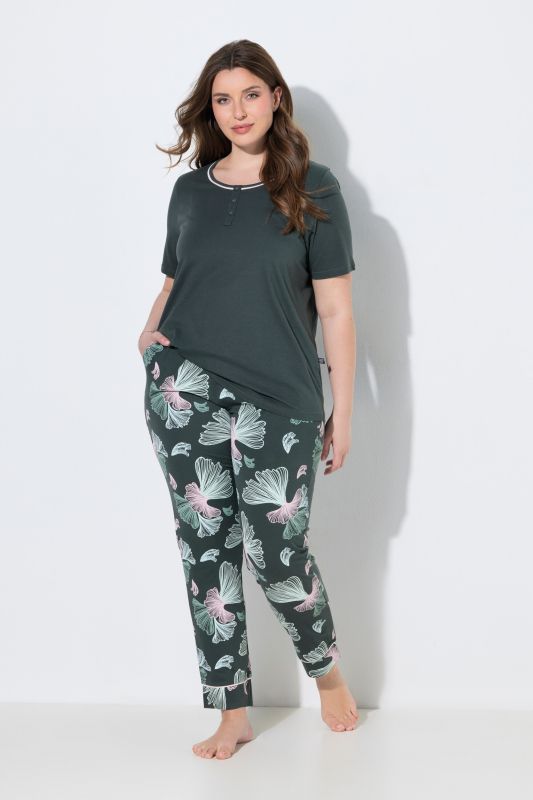Pyjama motif feuilles de ginkgo, décolleté rond et manches courtes
