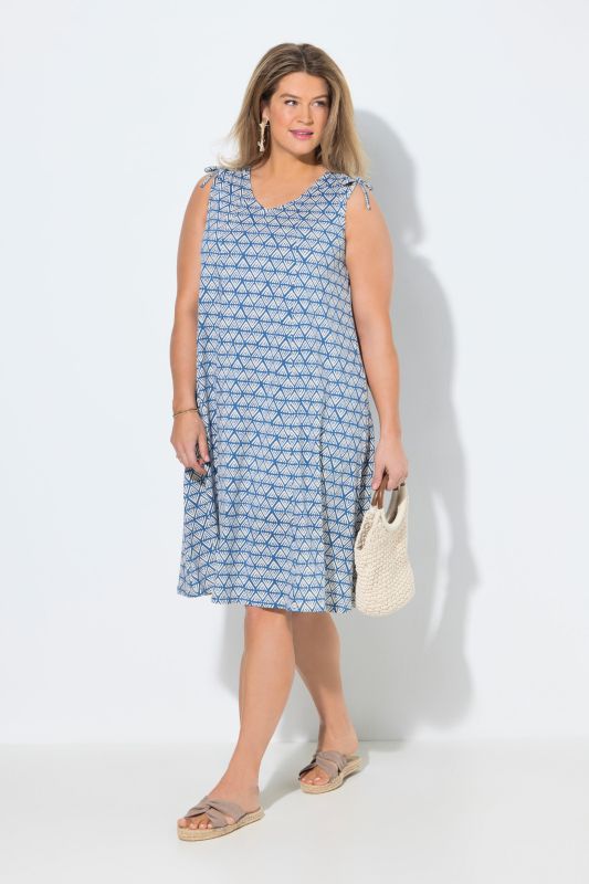 Robe midi, motif losange, coupe A, col V, sans manches