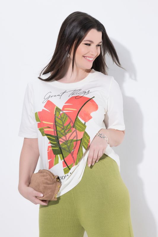 T-shirt avec imprimé feuilles de palmier à manches mi-longues, avec col rond