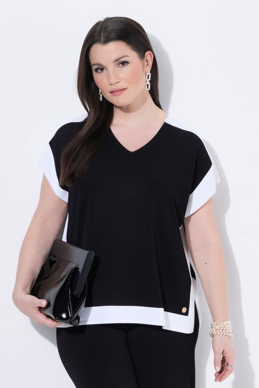Pull-over, design color block, col en V, manches mi-longues