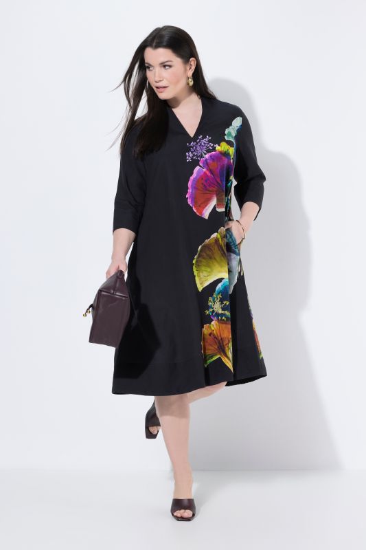 Robe midi, lyocell, coupe en A, col calice, manches 3/4