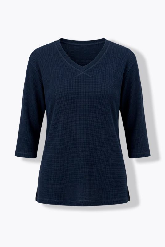 Sweat-shirt en piqué de coton bio, décolleté en V et manches 3/4, coupe évasée