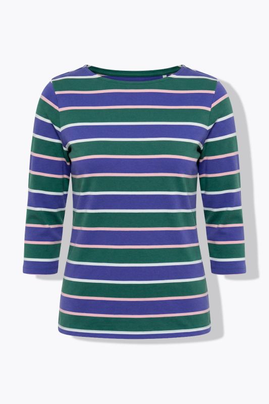 T-shirt rayé en coton bio, encolure bateau, manches 3/4
