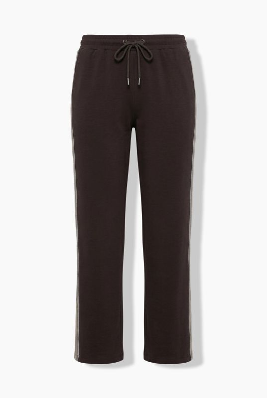 Pantalon longueur 3/4 et jambe large, bande fantaisie le long de la jambe, cordon à nouer à la taille