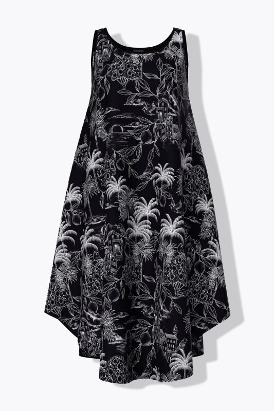Robe midi sans manches, motif palmiers, coupe évasée et décolleté rond