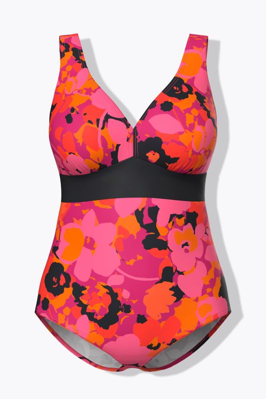 Maillot de bain, motif fleurs, bonnets souples et matière recyclée