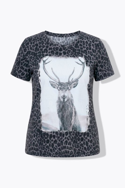T-shirt motif léopard avec cerf, décolleté rond et manches courtes, coupe Classic Fit