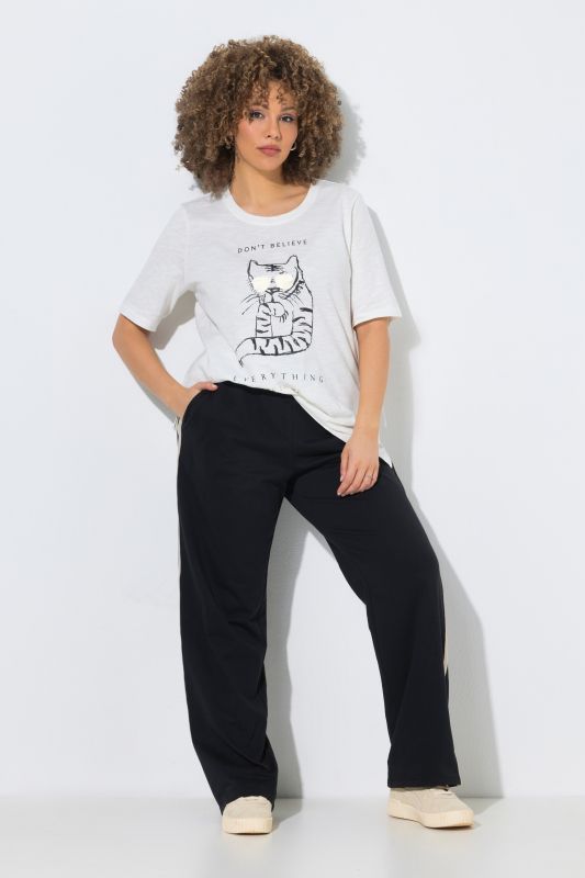 Pantalon Rose en molleton, jambe large, taille élastique et galon contrastant sur la jambe