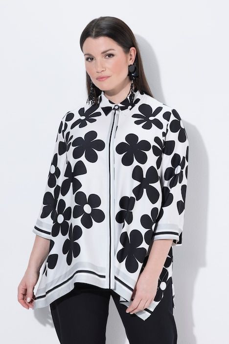 Blouse en satin, fleurs, oversize, col chemise, manches 3/4