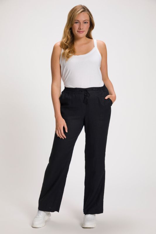 Pantalon en lin Mary à taille élastique, jambe droite et large