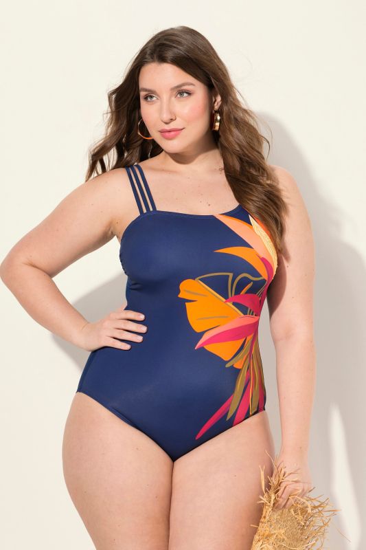 Maillot de bain avec bonnets souples. Imprimé feuilles. Bretelle triple. Matières recyclées.