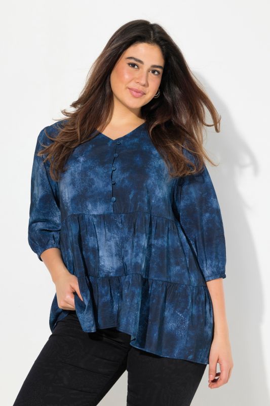 Blouse avec décolleté en V, imprimé Batik et manches longues, coupe évasée