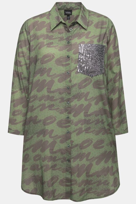 Chemisier long motif abstrait, manches longues et col chemise