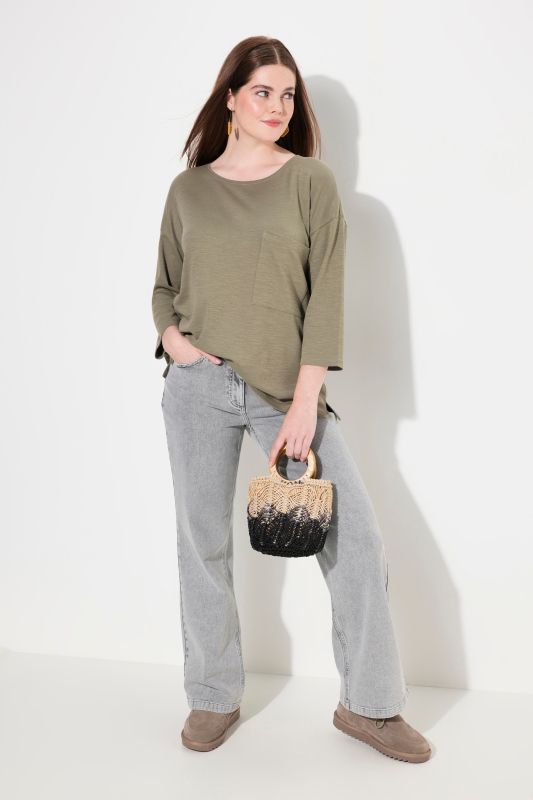 T-shirt oversize en coton bio, col rond, manches 3/4