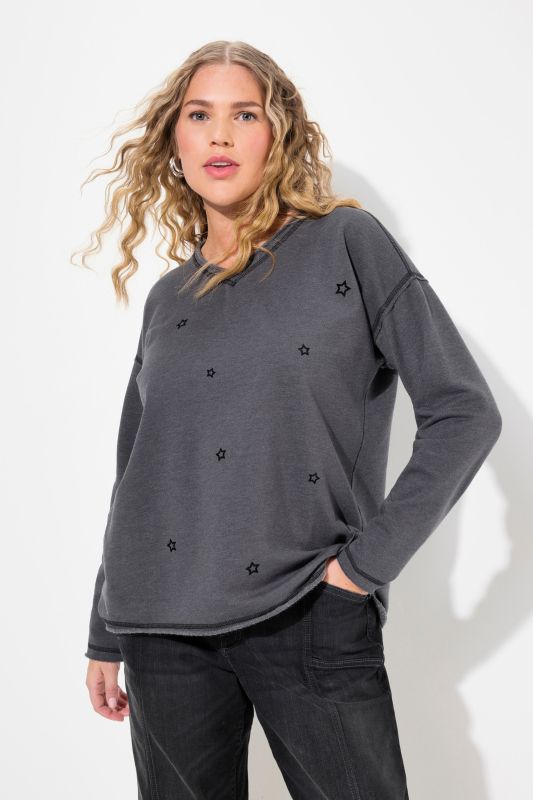 Sweat-shirt oversize, manches longues et col en V, flocage étoiles