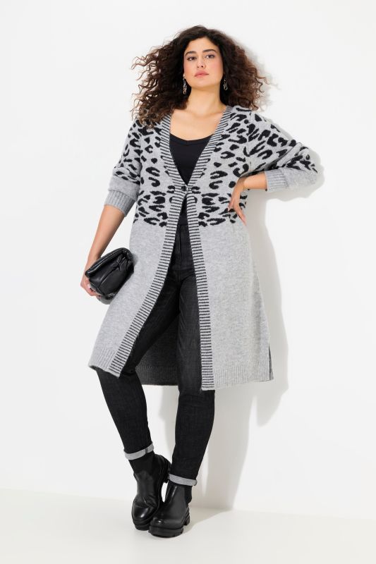 Long cardigan motif léoopard, encolure en V et manches longues