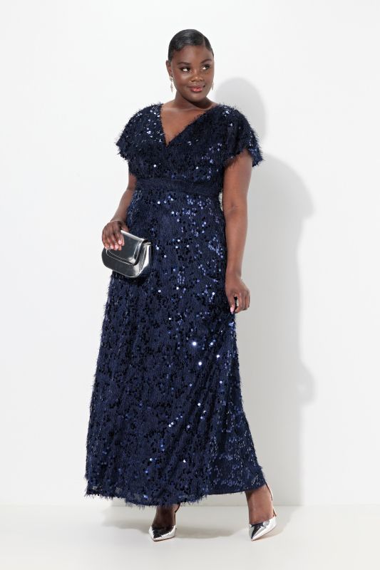 Robe de soirée avec franges et paillettes, manches courtes, décolleté en V