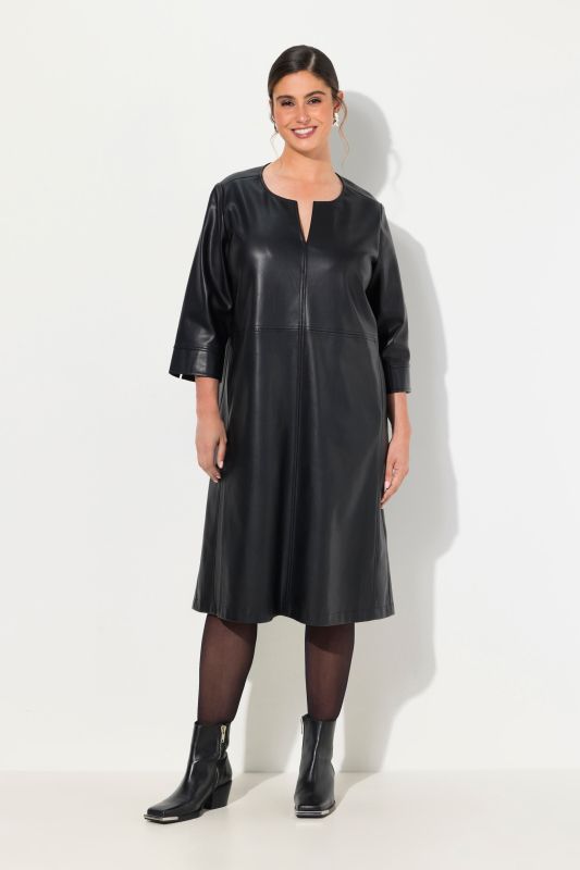 Robe en cuir synthétique avec poches, col tunisien et manches 3/4