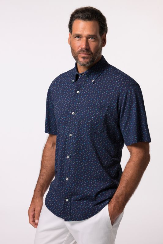 Chemise en maille piquée coupe Modern Fit, avec technologie FLEXNAMIC®, manches courtes et col à pointes boutonnées. Micro-imprimé - jusqu'au 8 XL