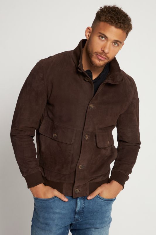 Veste en cuir, daim, col montant, patte de boutonnage