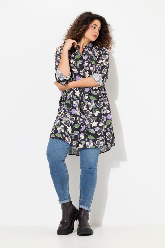 Chemisier long à fleurs, col chemise et manches longues, coupe évasée