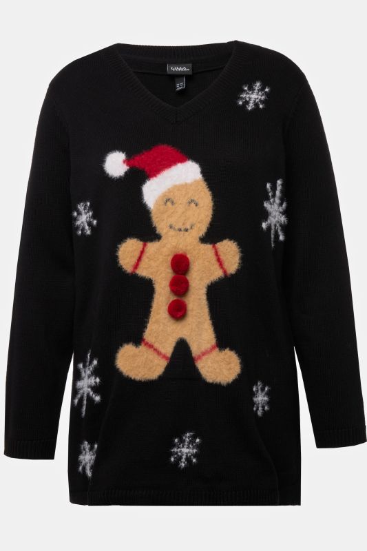 Pull de Noël à col en V et manches longues, motif bonhomme en pain d'épices