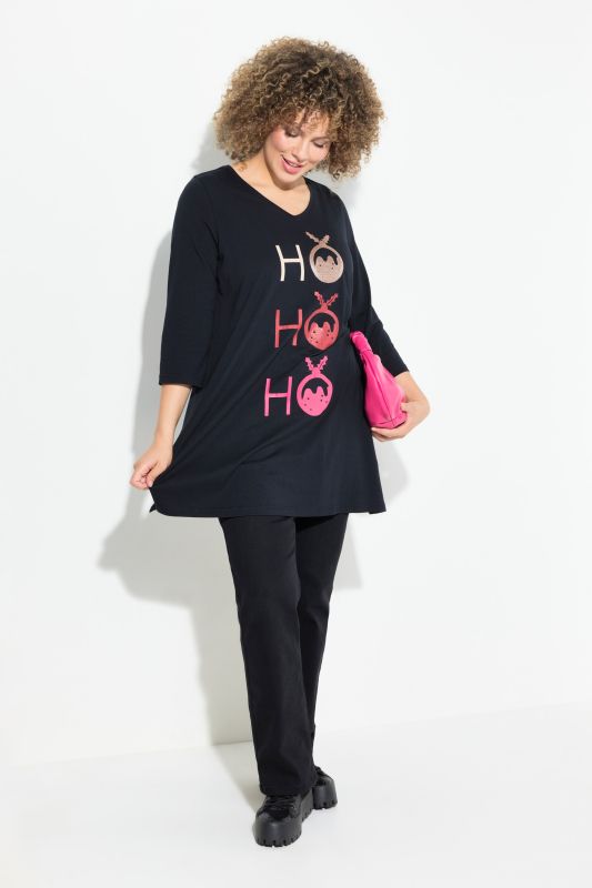 T-shirt long, ligne en A avec col en V et manches 3/4, motif Ho Ho Ho