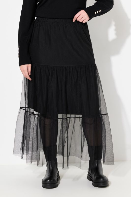 Jupe maxi en tulle, taille élastique et volants, coupe évasée