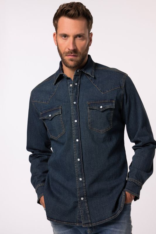 Chemise en jean JP 1880 à manches longues, style vintage, col Kent et coupe Modern Fit - jusqu'au 8&nbsp;XL