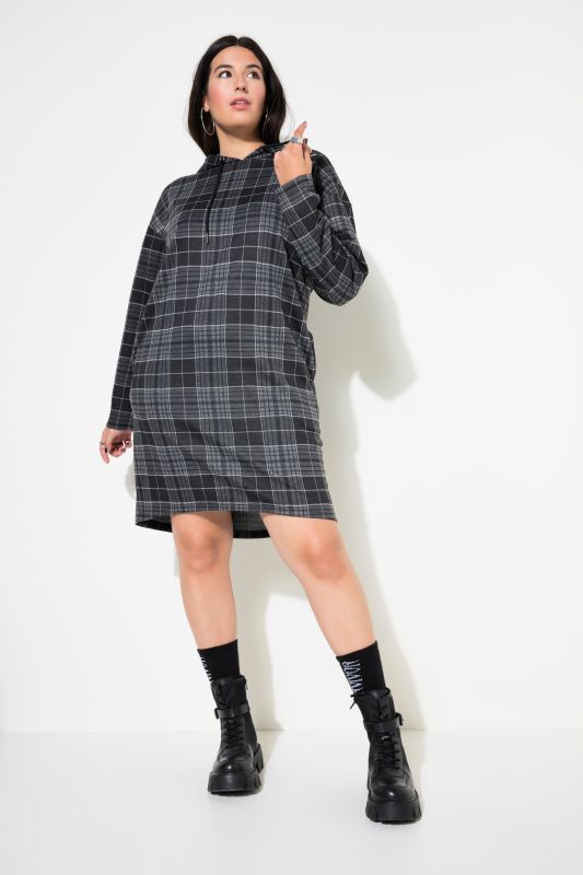 Robe midi oversize, jersey à carreaux, capuche et manches longues